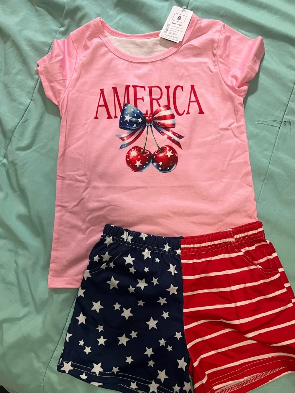 Girls' Pink America Cherry Pajama Set with Star & Stripe Shorts